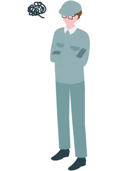 腕を組んで考え事をしている作業員のイラスト