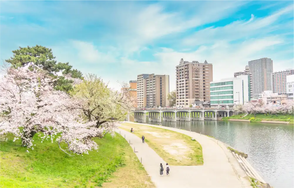 桜が咲く川沿いの街並み